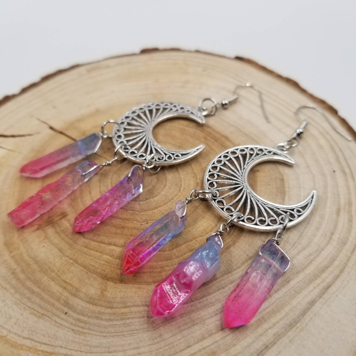 Natural Crystal Hexagonal Pillar Moon Earrings