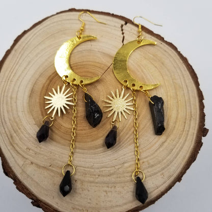 Moon Black Crystal Tassel Drop Earrings